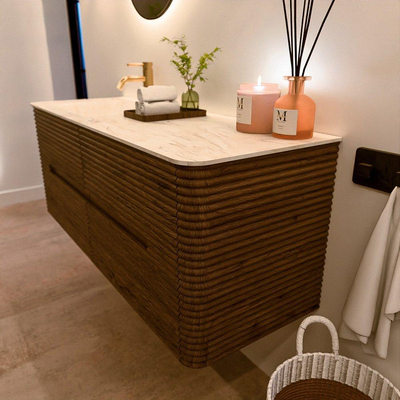 Mondiaz CIRO-DLUX Badkamermeubelset - 130x45x50cm - Solid surface wastafel Ostra - 1 wasbak Links - 1 kraangat - 4 lades - Dusk