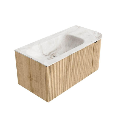 MONDIAZ KURVE-DLUX meuble de salle de bains 95 cm avec module 25 R couleur Chêne avec 1 tiroir et 1 porte. Lavabo BIG SMALL gauche sans trou de robinet couleur Frappe.