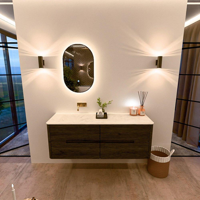 Mondiaz CIRO-DLUX Ensemble de meubles de salle de bains - 140x45x50cm - plan-vasque solid surface Opalo - 1 vasque à gauche - sans trous de robinetterie - 4 tiroirs - Shadow
