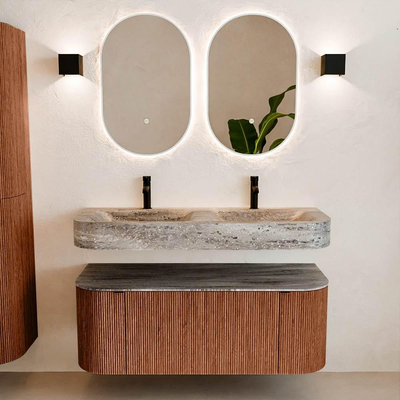 MONDIAZ THOR-DLUX 120cm meuble de salle de bains arrondi gauche + droite couleur Ruby avec 1 tiroir et 2 portes. Vasque suspendue CLOUD Double 2 trous de robinet couleur Oza.