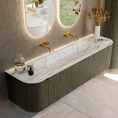 Mondiaz KURVE-DLUX Badkamermeubelset - 170x46x40cm - 1 lade - 2 deuren - wastafel solid surface - midden - zonder kraangat - Shadow