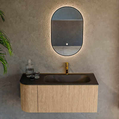 MONDIAZ KURVE 105cm Meuble salle de bain avec module 25 G - couleur Oak - 1 tiroir - 1 porte - vasque BIG SMALL droite - 1 trou de robinet - Urban