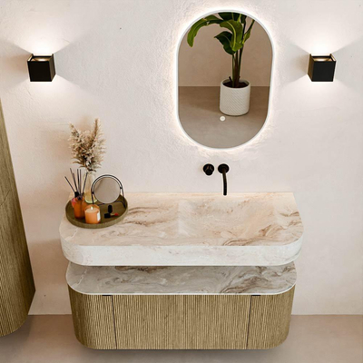 MONDIAZ THOR-DLUX 120cm meuble de salle de bains arrondi gauche + droite couleur Dusk avec 1 tiroir et 2 portes. Vasque suspendue CLOUD droite sans trou de robinet couleur Frappe.