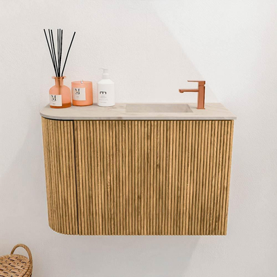 Mondiaz JOYA-DLUX 61.6cm toiletmeubel - ronding links kleur Oak - Wastafel FAYE positie Rechts 1 kraangat kleur Frappe.