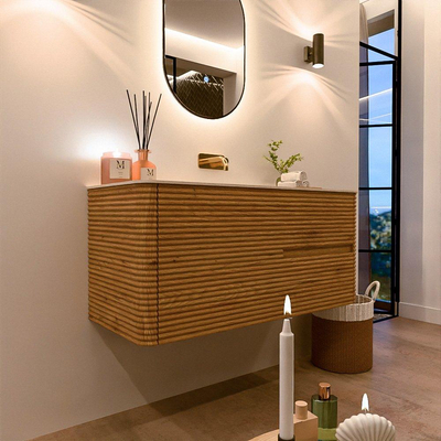 Mondiaz CIRO-DLUX Meuble de salle de bains - 110x45x50cm - Lavabo solid surface Meli - 1 vasque au milieu - sans trous de robinet - 2 tiroirs - Chêne