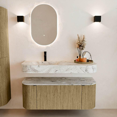 MONDIAZ THOR-DLUX 120cm meuble de salle de bains arrondi gauche + droite couleur Dusk avec 1 tiroir et 2 portes. Vasque suspendue CLOUD Gauche 1 trou de robinet couleur Glace.