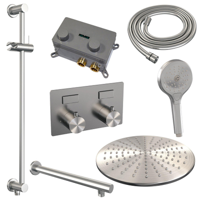BRAUER Brushed Edition Douche de pluie thermostatique encastrée - boutons-poussoirs - SET 68 - douche de tête 30 cm - bras mural droit - douchette 3 jets - flexible de douche - barre de douche intégrée - inox brossé PVD