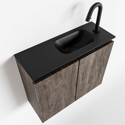 MONDIAZ TURE Toiletmeubel 60x23x50cm met 1 kraangaten 2 deuren dark brown mat Wastafel Eden rechts Solid Surface Zwart