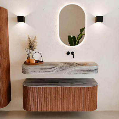 MONDIAZ THOR-DLUX 120cm badmeubel ronding links + rechts kleur Ruby met 1 lade en 2 deuren. Vrijhangende wastafel CLOUD Rechts zonder kraangat kleur Sombra.