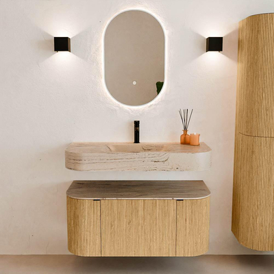 MONDIAZ THOR-DLUX 100cm badmeubel ronding links + rechts kleur Oak met 1 lade en 2 deuren. Vrijhangende wastafel CLOUD Midden 1 kraangat kleur Arena.