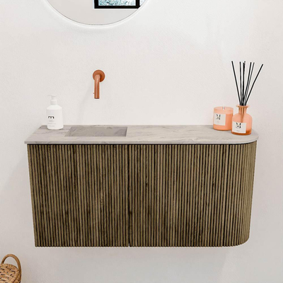 Mondiaz JOYA-DLUX 81.6cm toiletmeubel - ronding rechts kleur Dusk - Wastafel FAYE positie Links Zonder kraangat kleur Glace.