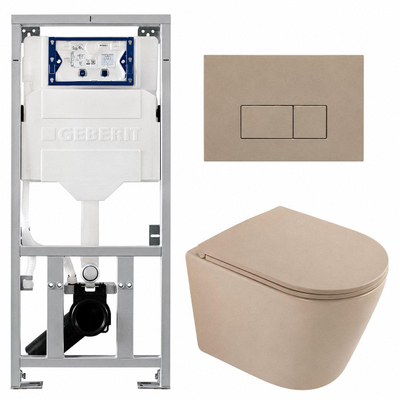 QeramiQ Dely Pack WC - 36,3x51,7cm - à fond creux - sans bride - réservoir encastré Geberit UP320 - abattant WC à fermeture douce - plaque de déclenchement taupe - boutons rectangulaires - beige mat