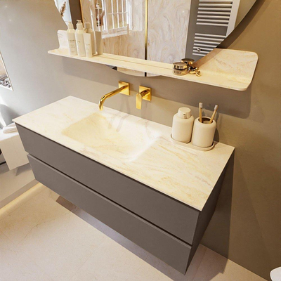 Mondiaz VICA-DLUX ensemble de meuble de salle de bain - 120cm - meuble sous-vasque fumée - 2 tiroirs - lavabo encastré nuage milieu - sans trous de robinet - version haute 60cm - ostra