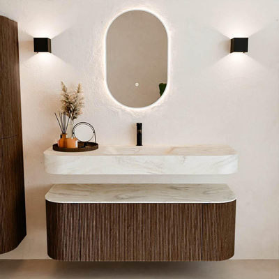 MONDIAZ THOR-DLUX 130cm badmeubel ronding links + rechts kleur Walnut met 1 lade en 2 deuren. Vrijhangende wastafel CLOUD Midden 1 kraangat kleur Ostra.