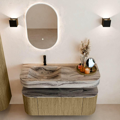 MONDIAZ THOR-DLUX 120cm meuble de salle de bains arrondi gauche + droite couleur Dusk avec 1 tiroir et 2 portes. Vasque suspendue CLOUD Gauche 1 trou de robinet couleur Sombra.