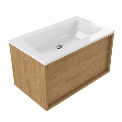 Saniclass Holz Frame Ensemble de meubles de salle de bains - 80x45x57.5cm - lavabo Torino en Solid Surface blanc - sans trou de robinet - 1 tiroir - chêne natural mat (bois)