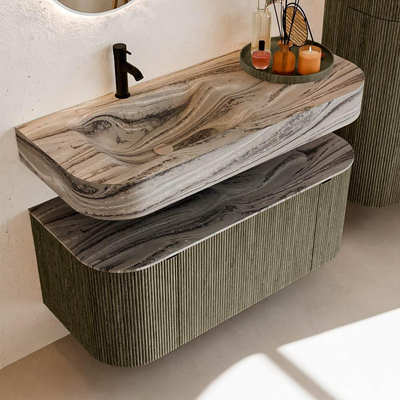 MONDIAZ THOR-DLUX 110cm meuble de salle de bains arrondi gauche + droite couleur Shadow avec 1 tiroir et 2 portes. Vasque suspendue CLOUD Gauche 1 trou de robinet couleur Sombra.