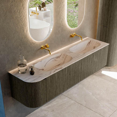 MONDIAZ KURVE-DLUX 175cm badmeubel ronding Links kleur Shadow met 2 lades en 1 deur. Wastafel STOR SMALL Dubbel / Rechts zonder kraangat Nata.