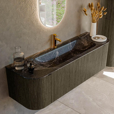 Mondiaz KURVE-DLUX Ensemble de meuble salle de bain - 150x46x40cm - 1 tiroir - 2 portes - lavabo en solid surface - milieu - 1 trou de robinet - Shadow