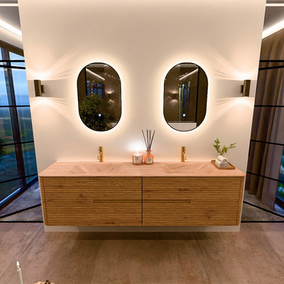 Mondiaz CIRO-DLUX Meuble de salle de bains - 190x45x50cm - Plan vasque Solid surface Saba - 2 vasques Double - 2 trous de robinetterie - 4 tiroirs - Chêne