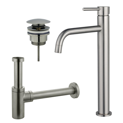 FugaFlow Eccelente Sobrado Slim Slim Kit mitigeur lavabo - robinet rehaussé - bonde clic clac - siphon design - PVD Inox brossé