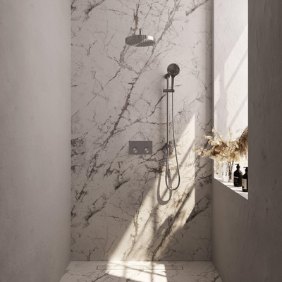 BRAUER Stripe Douche de pluie thermostatique encastrée - boutons-poussoirs - SET 35 - pomme de douche 25cm - bras mural courbé - douchette 3 positions - flexible de douche - barre coulissante intégrée - couleur inox brossé PVD