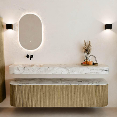 MONDIAZ THOR-DLUX 180cm meuble de salle de bains arrondi gauche + droite couleur Dusk avec 2 tiroirs et 2 portes. Vasque suspendue CLOUD Gauche sans trou de robinet couleur Glace.