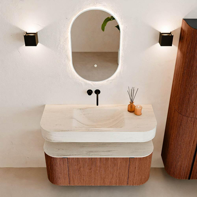 MONDIAZ THOR-DLUX 110cm badmeubel ronding links + rechts kleur Ruby met 1 lade en 2 deuren. Vrijhangende wastafel CLOUD Midden zonder kraangat kleur Meli.