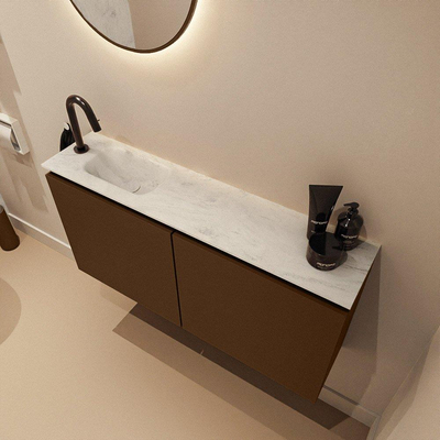 MONDIAZ TURE-DLUX Meuble toilette - 100cm - Rust - EDEN - vasque Opalo - position gauche - 1 trou de robinet