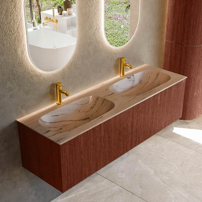 MONDIAZ KURVE-DLUX Meuble de salle de bains 150cm couleur Ruby avec 2 tiroirs et 0 porte. Plan-vasque STOR SMALL Double 2 trous de robinet Arena.