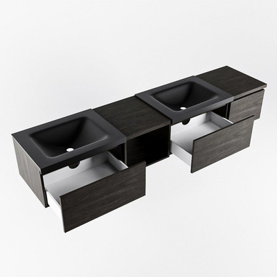 MONDIAZ BUKLA Meuble de salle de bains 200cm avec module ouvert 40 gauche couleur Dark Brown avec 3 tiroirs. Lavabo CLOUD double 2 trous de robinet couleur Urban.