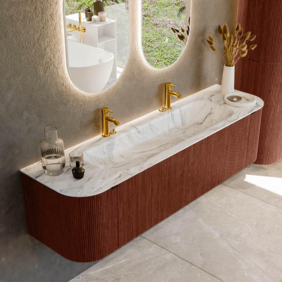 Mondiaz KURVE-DLUX Badkamermeubelset - 170x46x40cm - 1 lade - 2 deuren - wastafel solid surface - midden - 2 kraangaten - Ruby