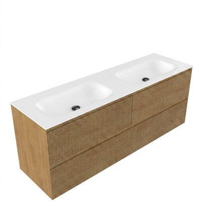 Saniclass Holz Atelier Ensemble meuble de salle de bains - 160x45x61.5cm - lavabo Flow en Solid Surface blanc - 2 vasques - sans trous de robinetterie - 4 tiroirs - chêne natural mat (bois)