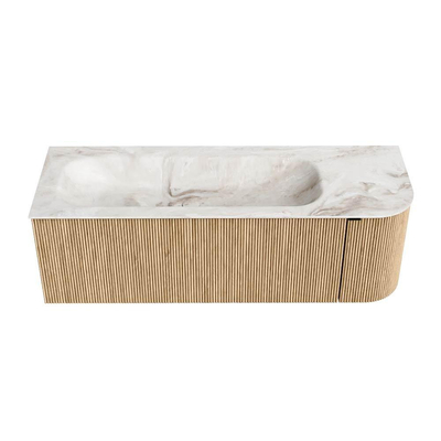 MONDIAZ KURVE-DLUX meuble de salle de bains 135 cm avec module 25 R couleur Oak avec 1 tiroir et 1 porte. Lavabo BIG MEDIUM gauche 1 trou de robinet couleur Frappe.