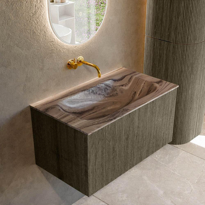 MONDIAZ KURVE-DLUX Meuble de salle de bains 80 cm couleur Shadow avec 1 tiroir et 0 porte. Lavabo BIG SMALL central sans trou de robinet Sombra.