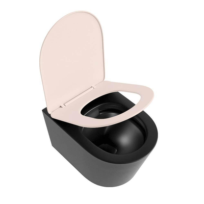 Mondiaz LAVIE WC suspendu – sans bride – 36 x 53 cm – avec abattant softclose – Urban (noir), abattant Rosee (rose)