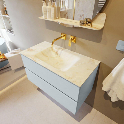 Mondiaz VICA-DLUX ensemble de meuble de salle de bain - 90cm - meuble sous-vasque argile - 2 tiroirs - lavabo encastré nuage milieu - sans trous de robinet - version haute 60cm - frape