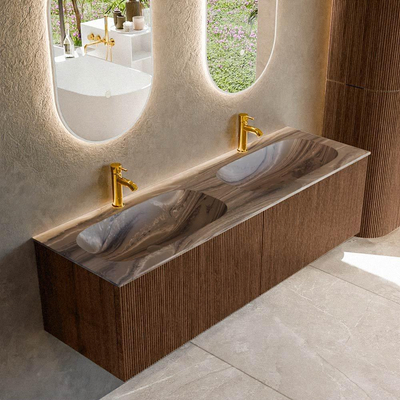 MONDIAZ KURVE-DLUX Meuble de salle de bains 150cm couleur Walnut avec 2 tiroirs et 0 porte. Lavabo STOR SMALL Double 2 trous de robinet Sombra.