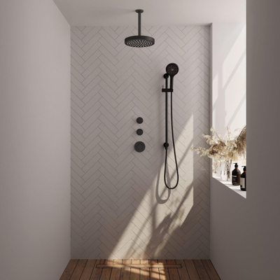 BRAUER Stripe Douche de tête thermostatique encastrée - SET 12 - pomme de douche 25cm - bras plafond - douchette 3 positions - flexible de douche - barre coulissante intégrée - noir mat