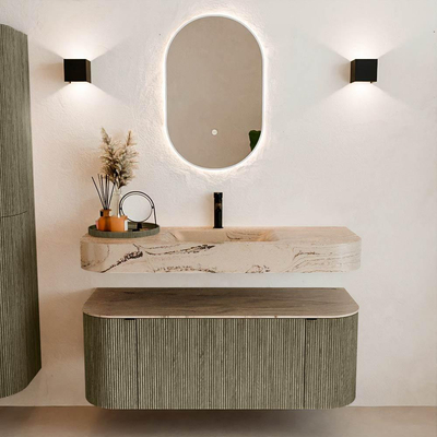 MONDIAZ THOR-DLUX 120cm meuble de salle de bains arrondi gauche + droite couleur Shadow avec 1 tiroir et 2 portes. Vasque suspendue CLOUD Milieu 1 trou de robinet couleur Arena.