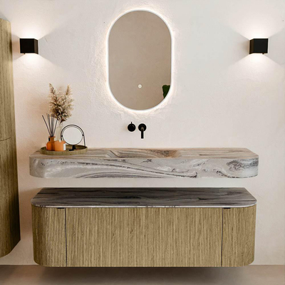 MONDIAZ THOR-DLUX 150cm meuble de salle de bains arrondi gauche + droite couleur Dusk avec 1 tiroir et 2 portes. Vasque suspendue CLOUD Milieu sans trou de robinet couleur Sombra.