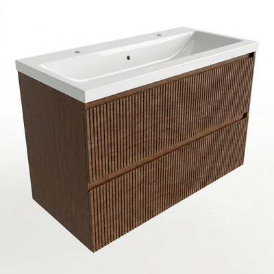 Saniclass Holz Atelier Ensemble de meubles de salle de bains - 100x45x63.5cm - Bari lavabo en céramique blanc - 1 vasque - 2 trous de robinetterie - 2 tiroirs - noyer pure mat (bois)