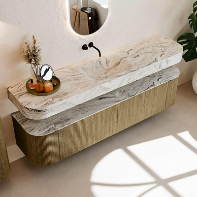 MONDIAZ THOR-DLUX Meuble de salle de bains 190cm arrondi gauche + droite couleur Dusk avec 2 tiroirs et 2 portes. Vasque suspendue CLOUD Milieu sans trou de robinet couleur Glace.