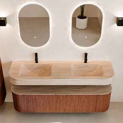 MONDIAZ THOR-DLUX 160cm meuble de salle de bains arrondi gauche + droite couleur Ruby avec 1 tiroir et 2 portes. Vasque suspendue CLOUD Double 2 trous de robinet couleur Saba.