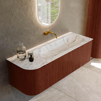 Mondiaz KURVE-DLUX Badkamermeubelset - 135x46x40cm - 1 lade - 1 deur - wastafel solid surface - rechts - zonder kraangat - Ruby