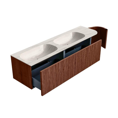 MONDIAZ KURVE-DLUX 165cm meuble de salle de bains avec arrondi à droite couleur Ruby avec 2 tiroirs et 1 porte. Lavabo STOR SMALL Double / Gauche 2 trous de robinet Meli.
