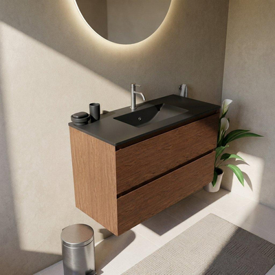Saniclass Holz Pure Ensemble de meubles de salle de bains - 100x45x62cm - Vasque Vygo en céramique noire - 1 vasque - 1 trou de robinet - 2 tiroirs - walnut pure mat (bois)