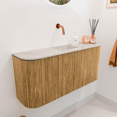 Mondiaz JOYA-DLUX 93.2cm toiletmeubel - ronding links en rechts kleur Oak - Wastafel FAYE positie Midden Zonder kraangat kleur Ostra.