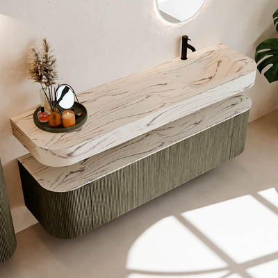 MONDIAZ THOR-DLUX 170cm meuble de salle de bains arrondi gauche + droite couleur Shadow avec 1 tiroir et 2 portes. Vasque suspendue CLOUD Droite 1 trou de robinet couleur Nata.