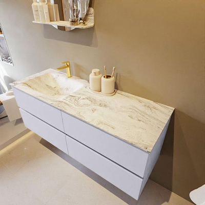 Mondiaz VICA-DLUX Ensemble de meuble de salle de bain - 130cm - meuble sous-vasque cale - 4 tiroirs - lavabo encastré cloud gauche - 1 trou de robinet - version haute de 60cm - glace